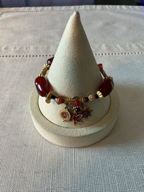 Dress the Population Ruby Red Glass Gold Tone Stretch Bracelet